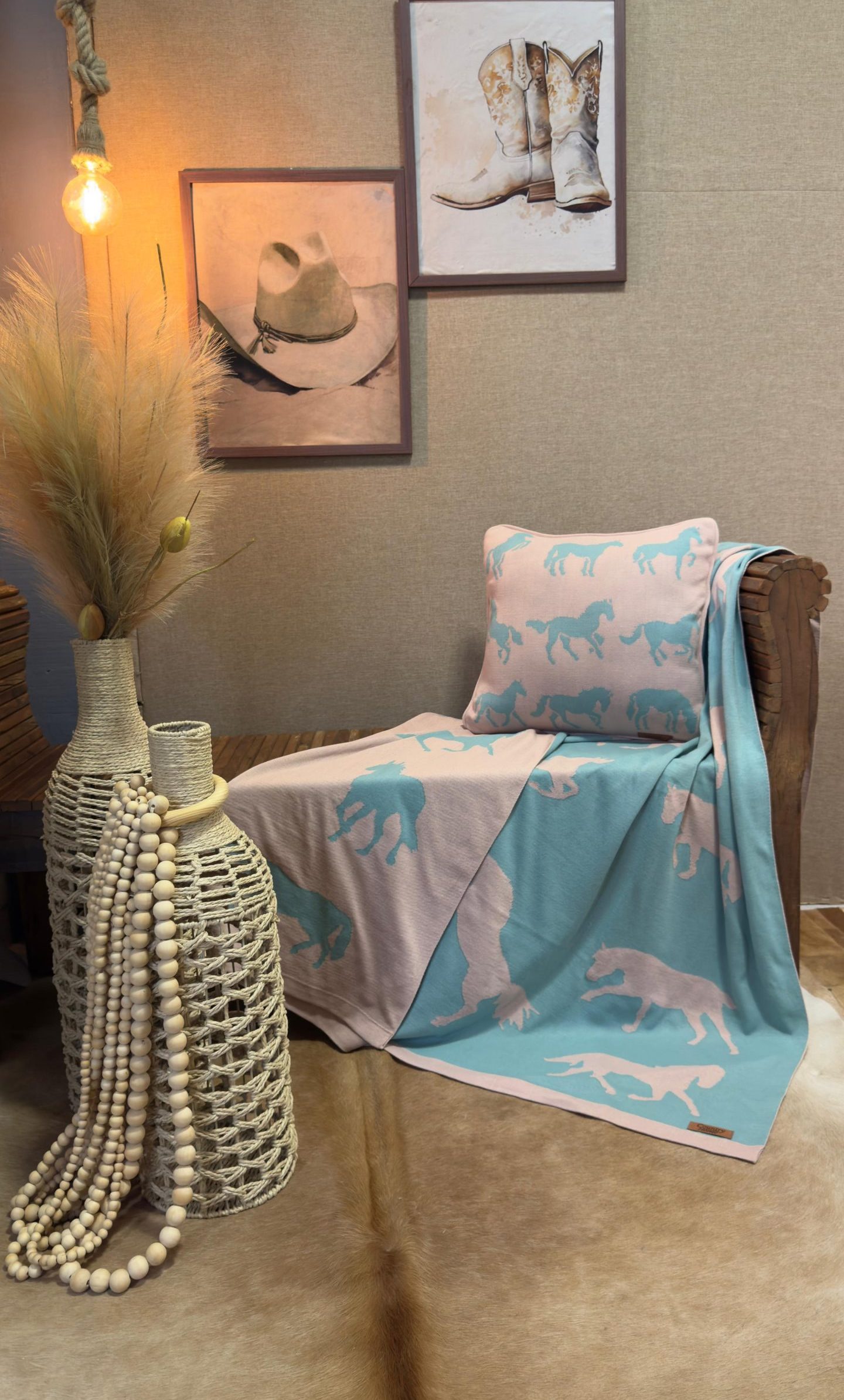 Manta tricô  Cavalos Verde/Rosa